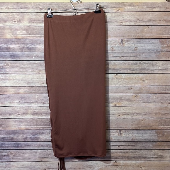NBD MIDI SKIRT Terra Cotta Drawstring Ruched Size Small B2 - Picture 4 of 5